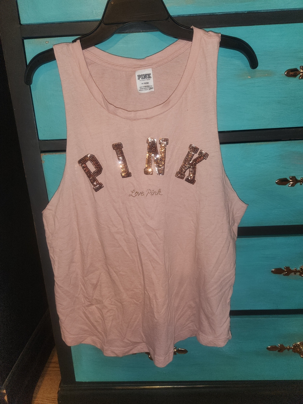 PINK Victoria's Secret Light Pink Sequin Logo Muscle Tee